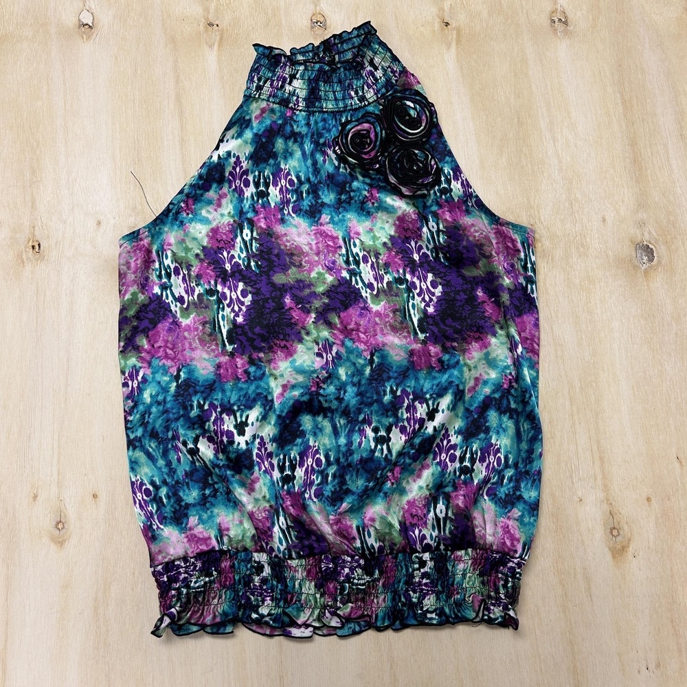 Y2K BCX Tank Top Women Small Multicolor Halter Rosette Ruffle Elastic Hem Floral